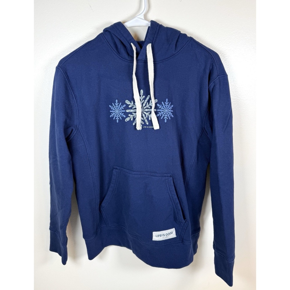 life is good snowflake Hoodie Sweatshirt Women's Small Blue Cotton Hooded Pocket